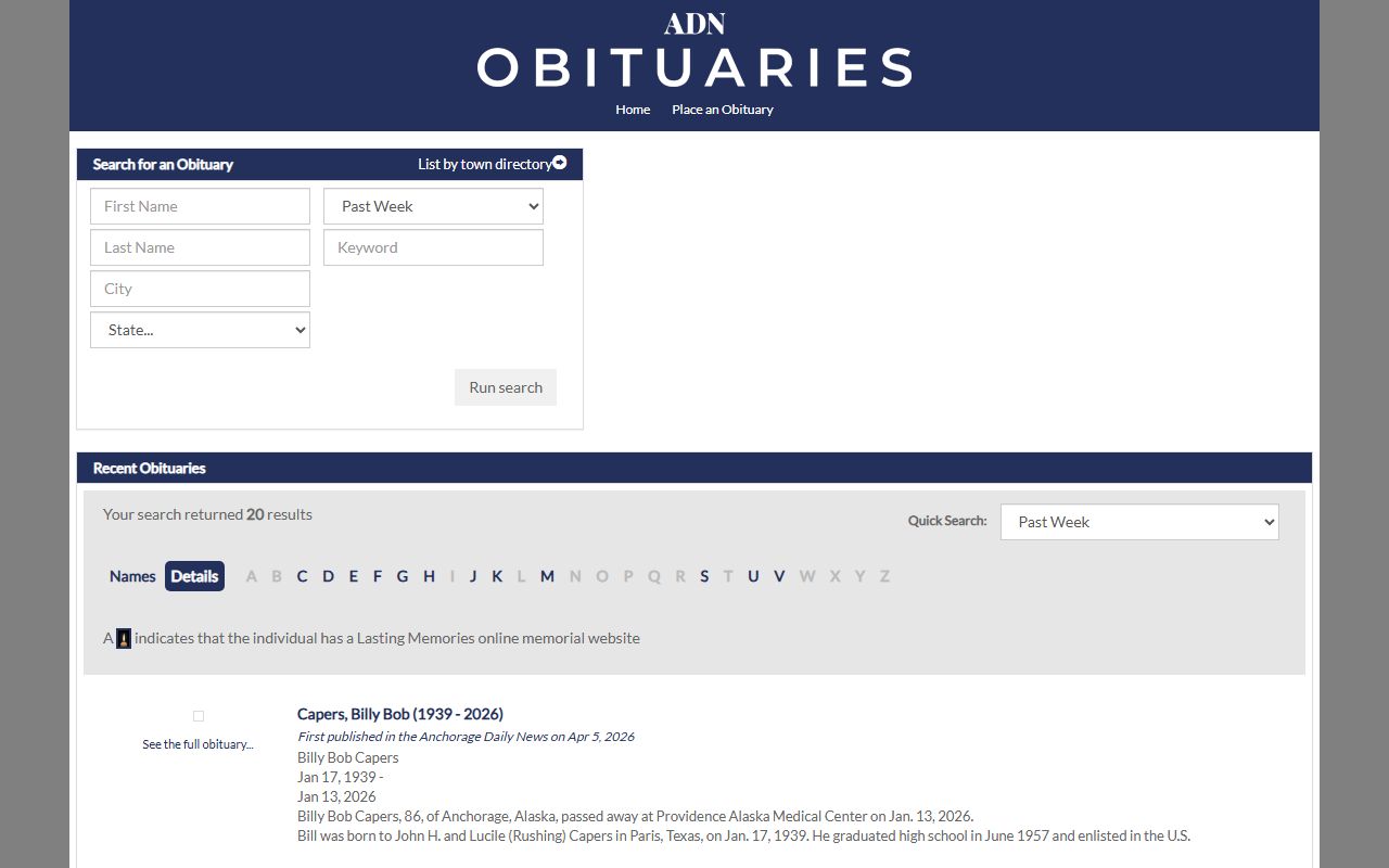 Anchorage Daily News obituary search portal for recent Anchorage death notices