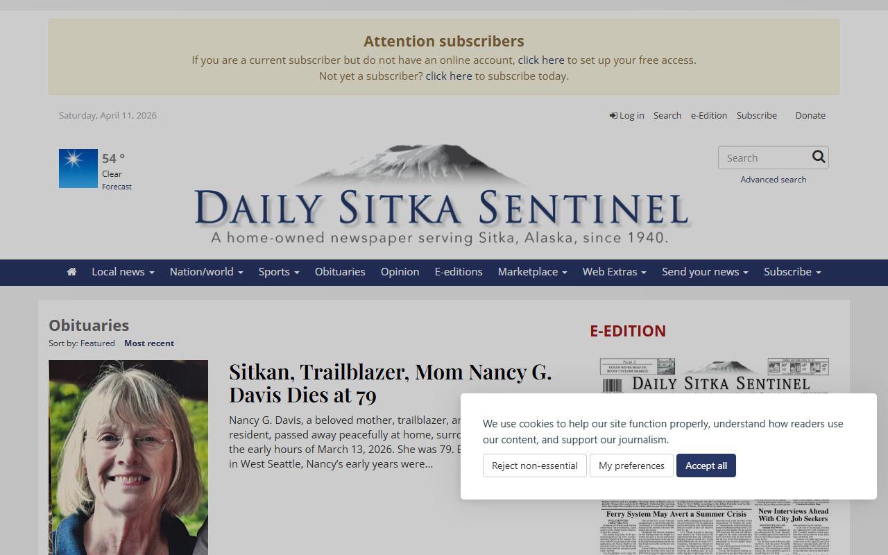 Daily Sitka Sentinel obituaries page for Sitka Alaska death records