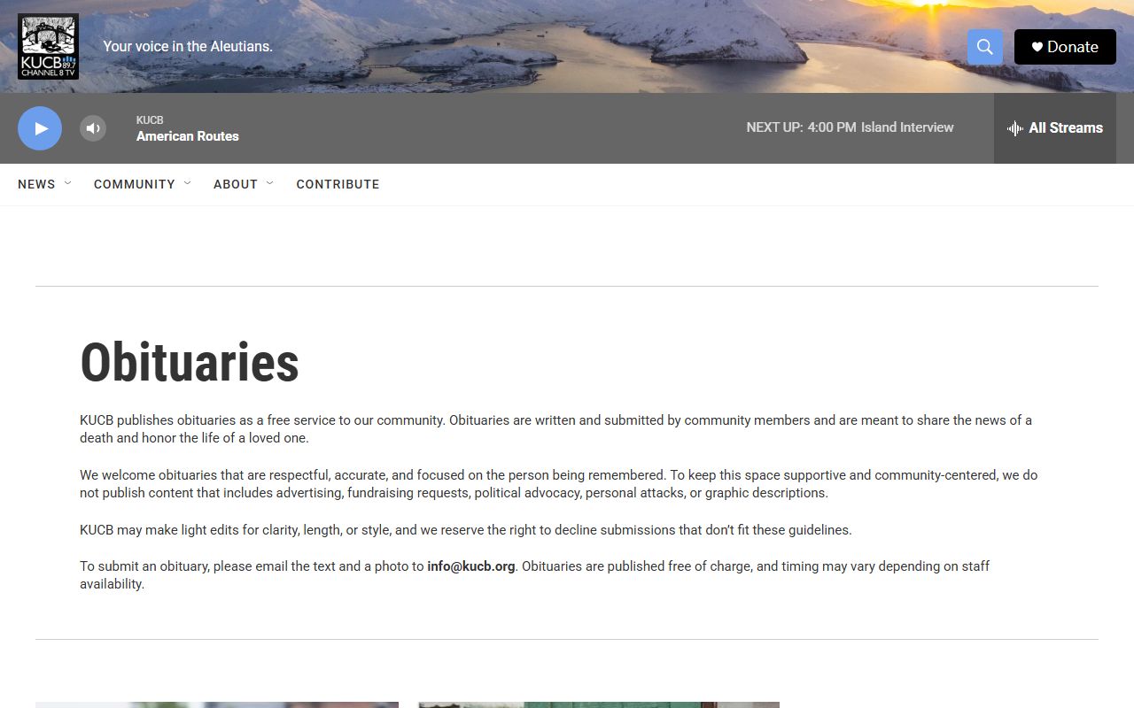 KUCB Radio obituary page for Unalaska Alaska death notices and announcements