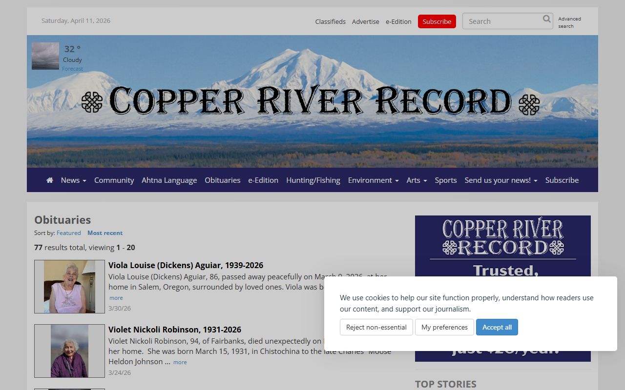 Copper River Record obituary page for Valdez Alaska death notices