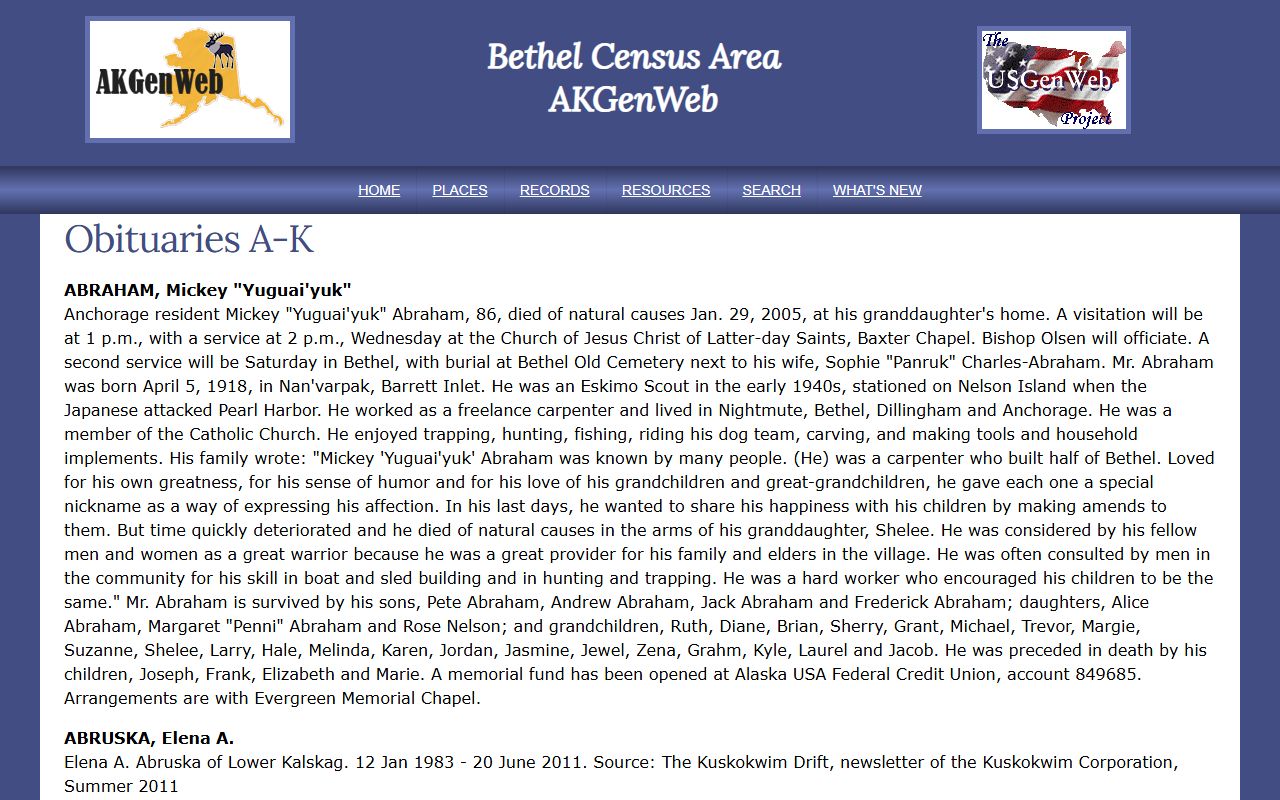 Bethel Census Area Obituary Records - AKGenWeb obituary index A-K