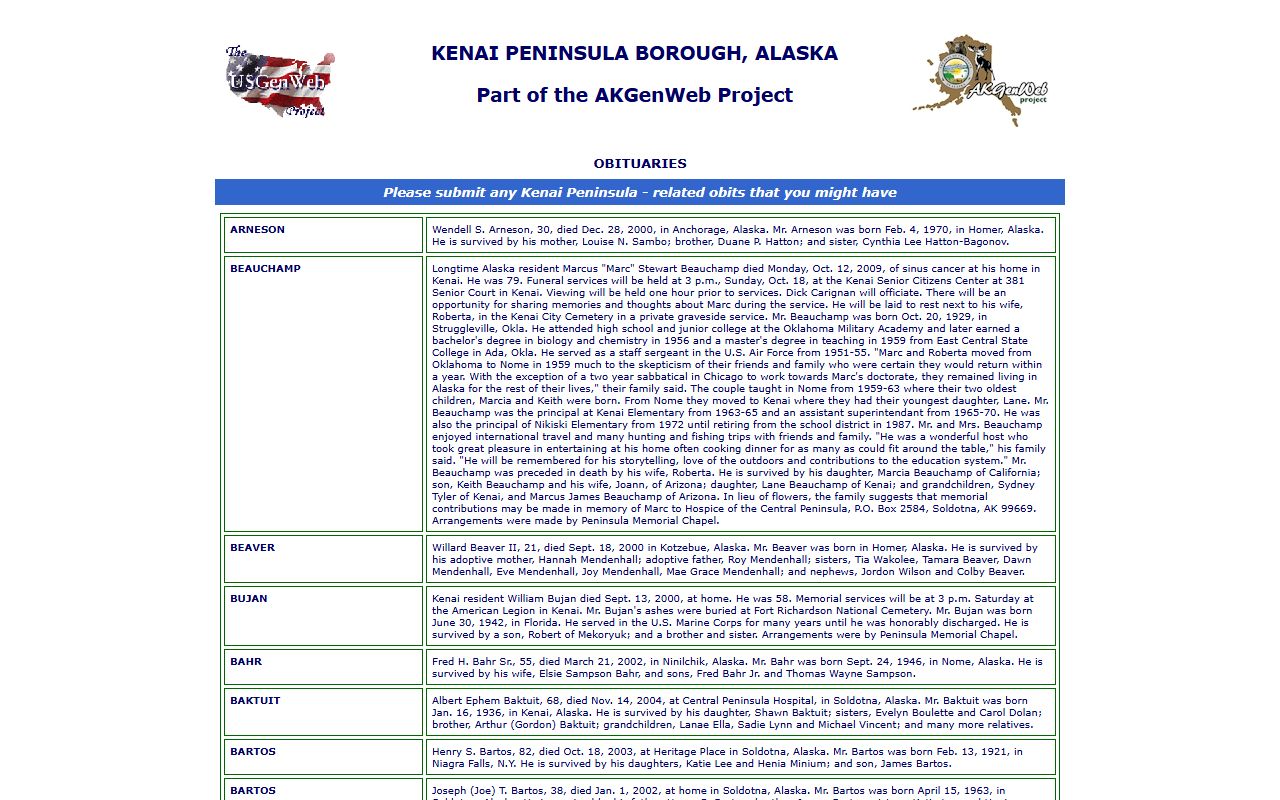 Kenai Peninsula Borough Obituary Records - volunteer obituary collection