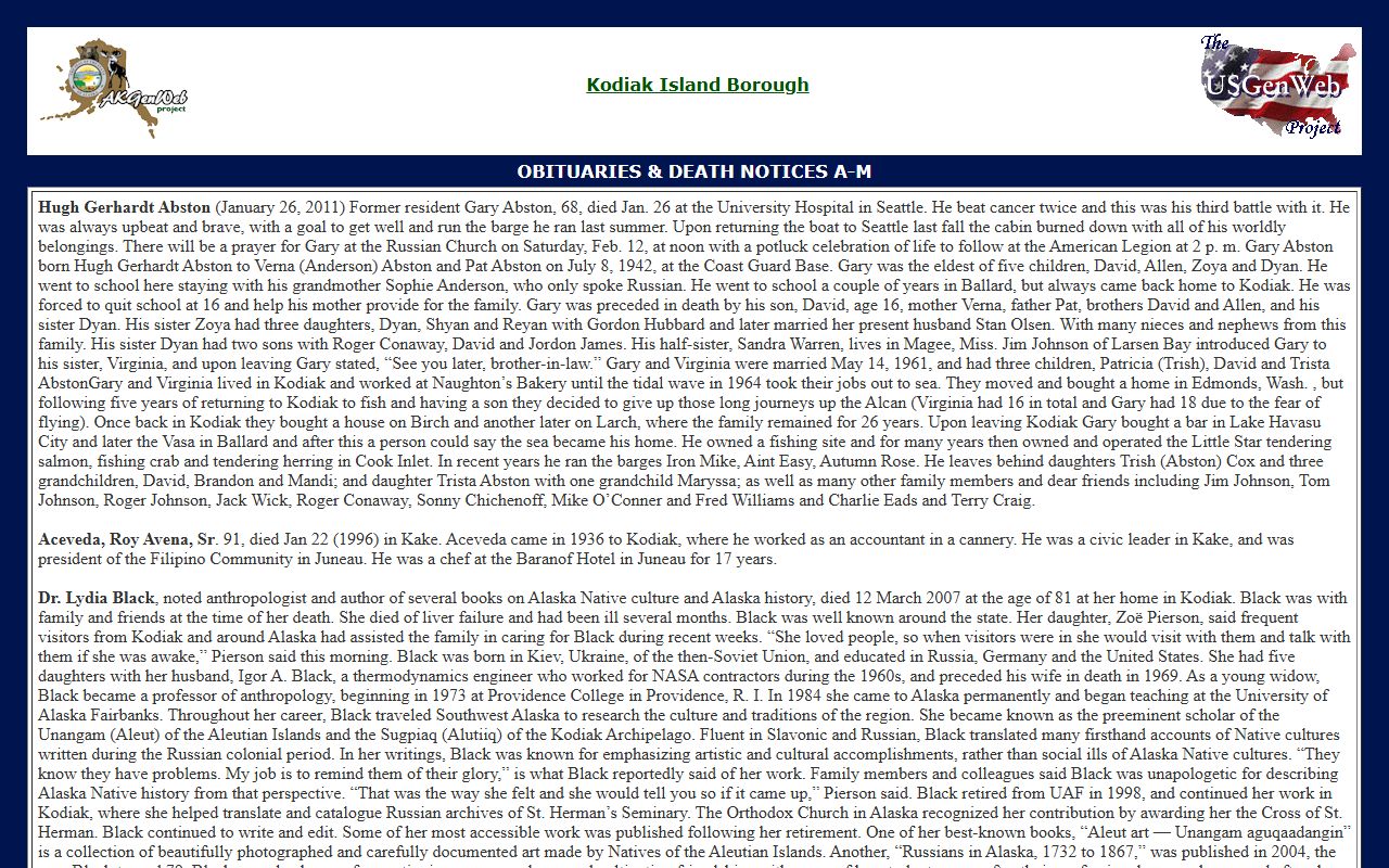 Kodiak Island Borough Obituary Records - volunteer obituary transcription collection
