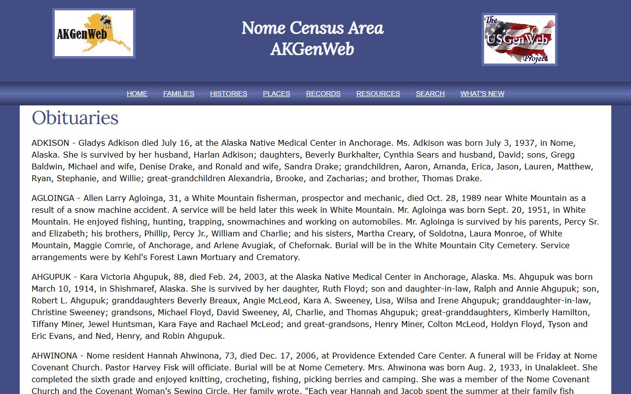 Nome Census Area Obituary Records - AKGenWeb Nome obituary index
