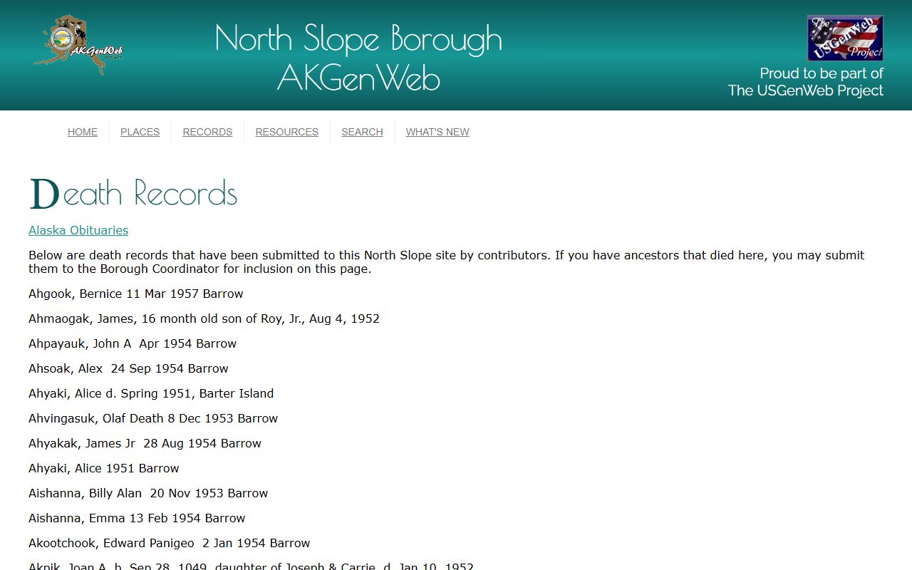 North Slope Borough Obituary Records - death record index